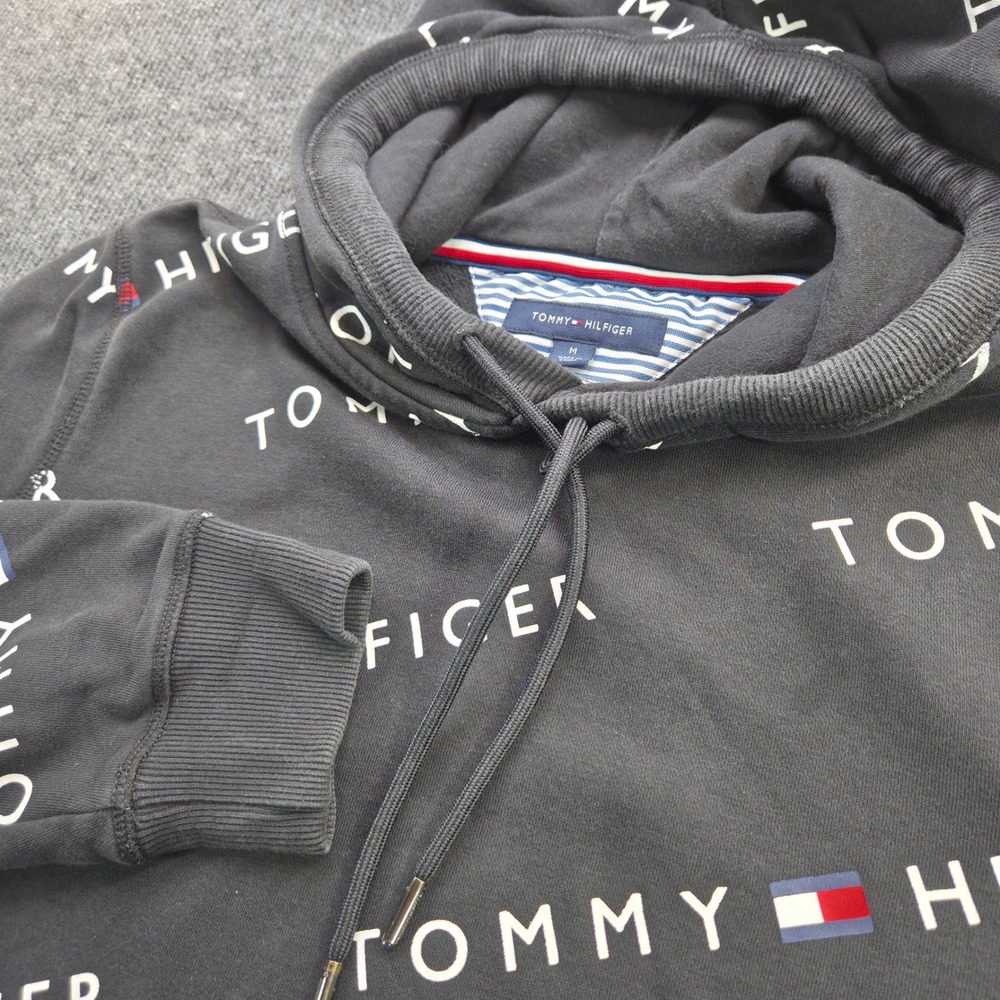 Tommy Hilfiger Hoodie Mens M Black Cotton Logo Print Streetwear Athleisure